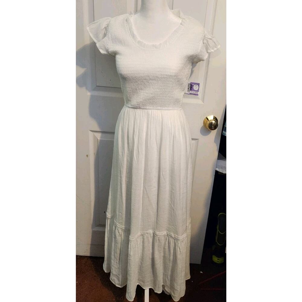 August Sky Women's Size Small Short Flutter Sleeve Smocked Tiered Midi Dress NWT